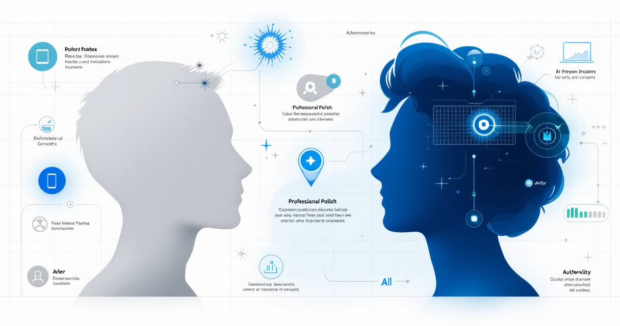 Infographic showing AI headshot transformation process from basic photo to polished professional portrait with quality indicators and processing icons