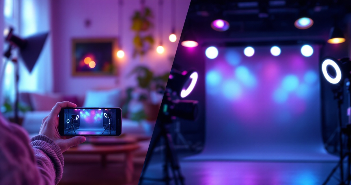 Professional photography studio lighting setup transformation from casual to polished headshot environment