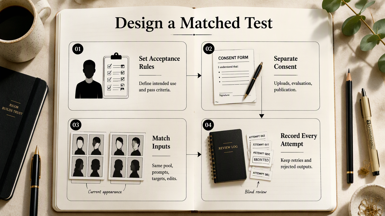Matched portrait benchmark workflow showing consent, shared reference photos, consistent prompts, attempt logging, and blind review.
