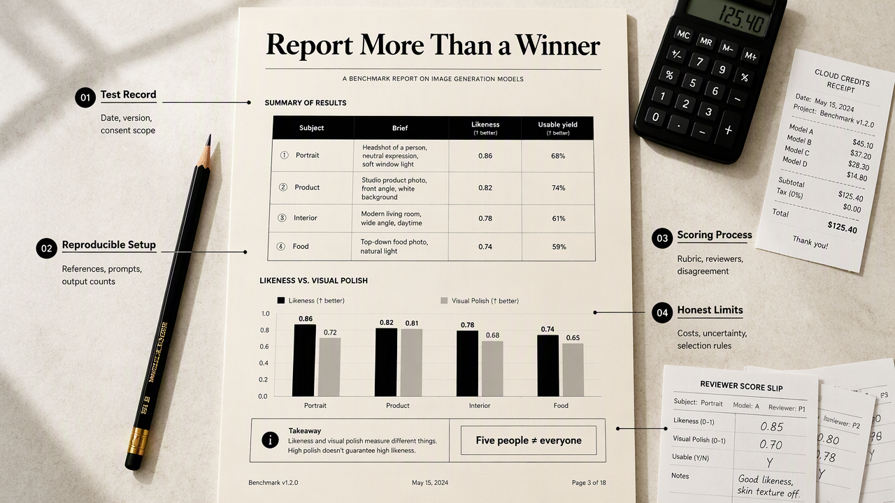 Transparent AI portrait benchmark report with separate likeness and usable-yield results, reviewer process, costs, and limitations.