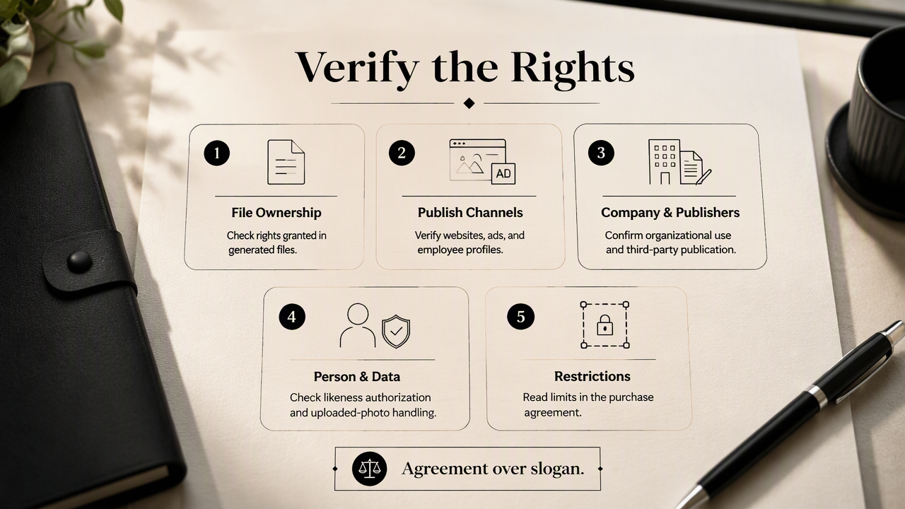 Infographic checklist of AI headshot ownership, publishing permissions, restrictions, and uploaded photo handling
