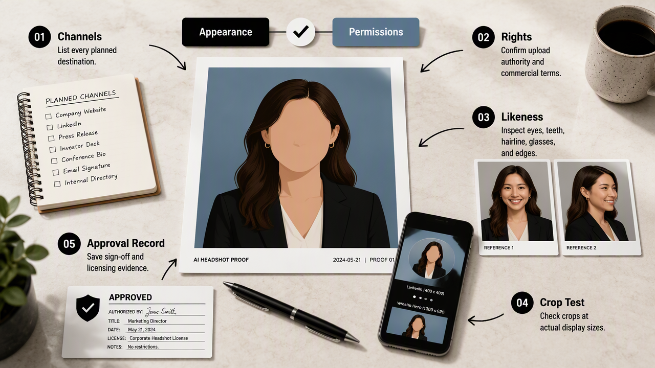 Annotated business desk showing five review steps for approving an AI headshot and its license