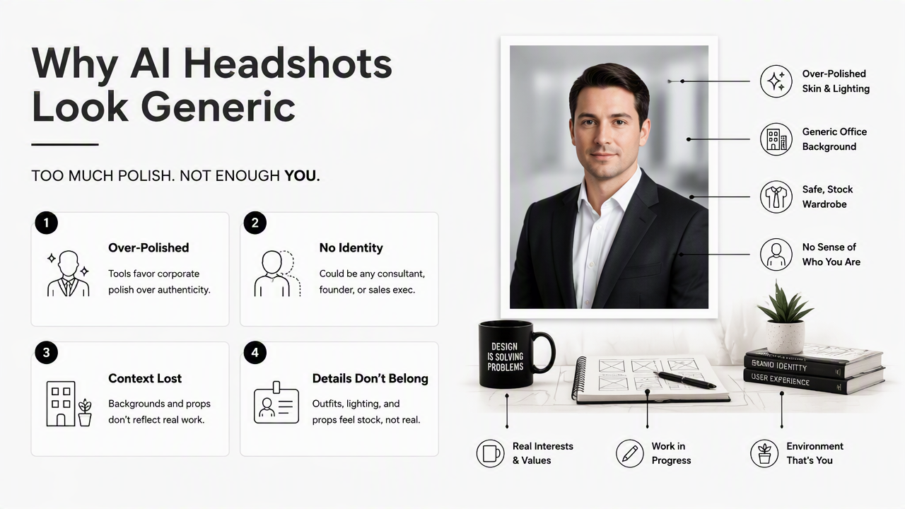 Illustration for What mistakes make AI headshots look generic?