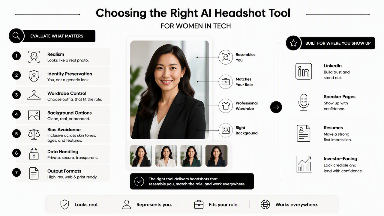 Illustration for How should women in tech evaluate AI headshot tools?
