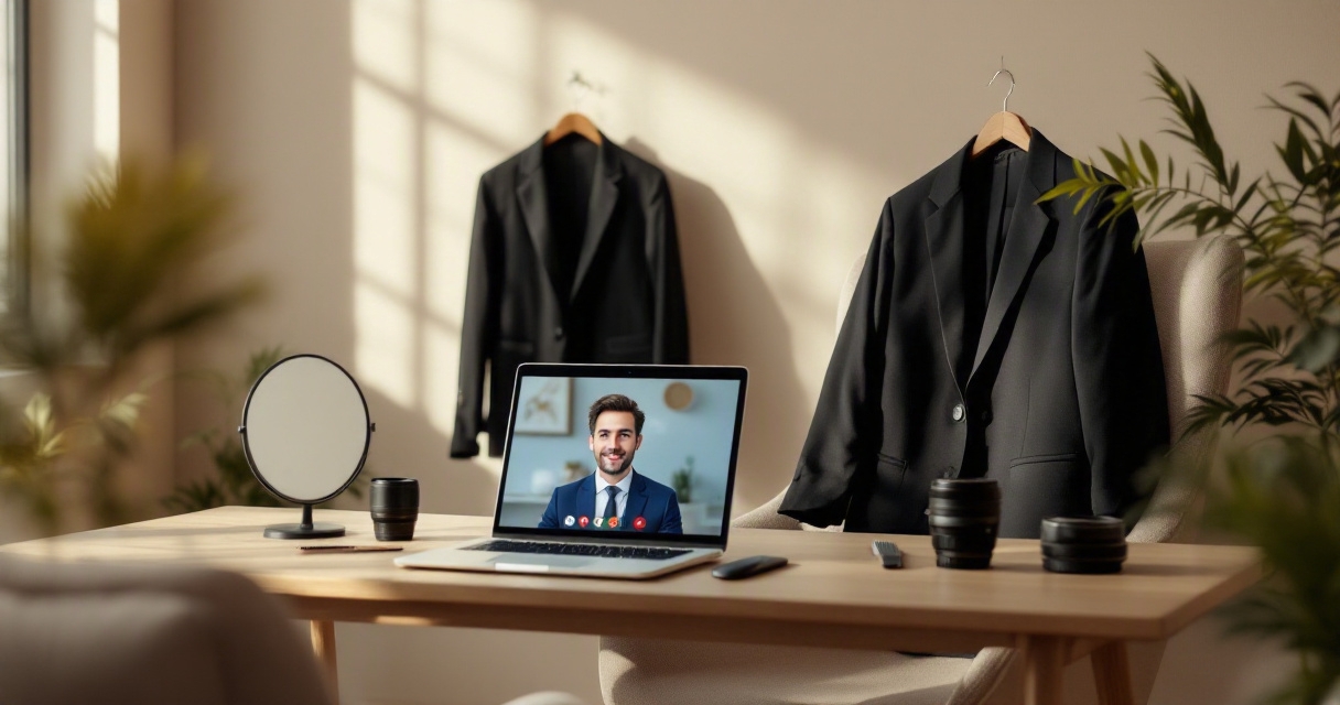 Remote interview headshot setup with laptop, blazer, and natural home office lighting