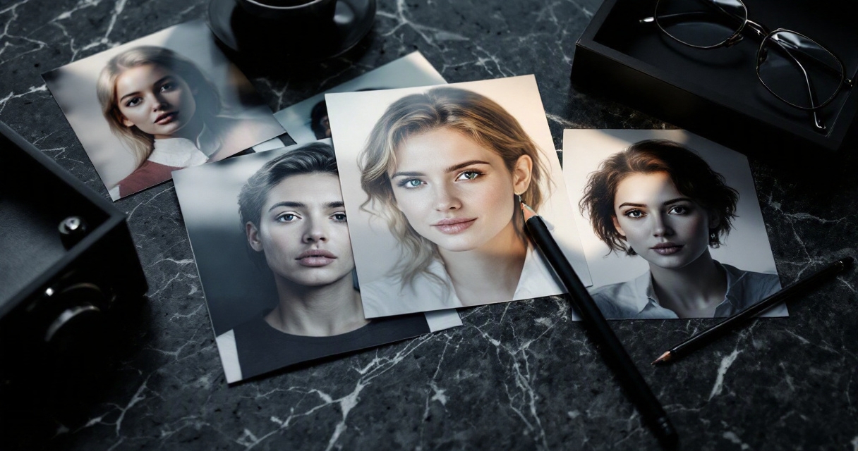 Rejected AI headshot prints showing distorted details and unnatural retouching mistakes