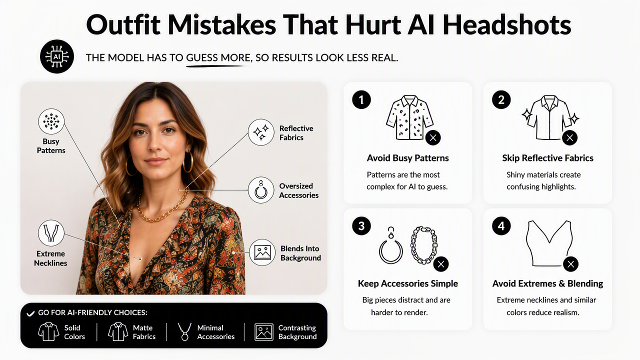 Illustration for What should be avoided in AI headshot outfits?