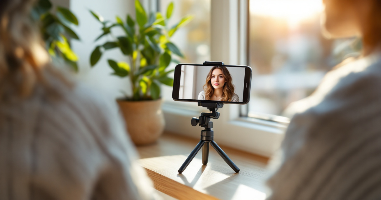 Over-the-shoulder view of smartphone capturing natural dating profile style portrait near window light