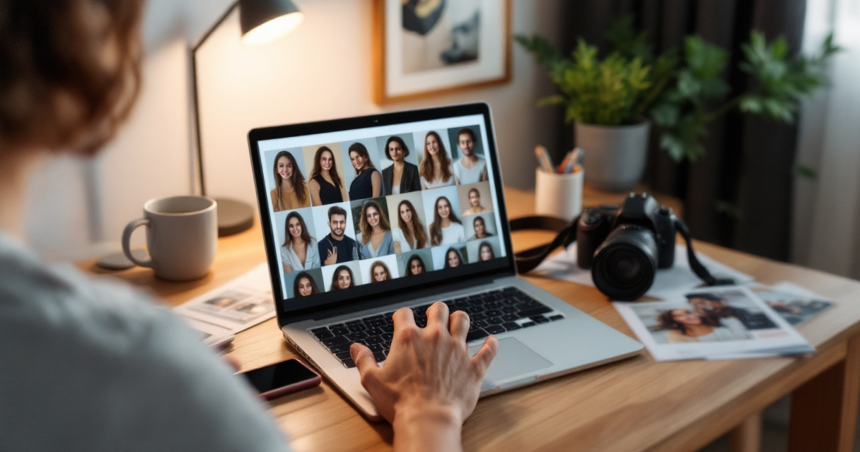 Person reviewing AI-generated dating profile portraits on laptop at softly lit home desk
