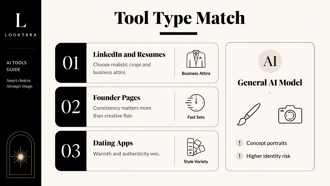 Comparison chart showing which AI headshot tool fits LinkedIn, resumes, founder pages, and dating apps.