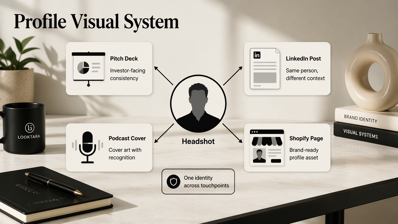 Annotated diagram of a founder headshot connected to LinkedIn, Shopify, podcast, and pitch deck assets.