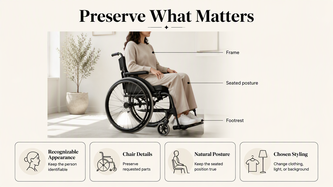 Wheelchair-inclusive portrait infographic highlighting identity, chair details, natural posture, and chosen styling.