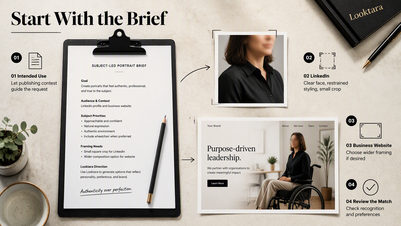 Subject-led portrait brief connecting intended use, LinkedIn framing, website composition, and result review.