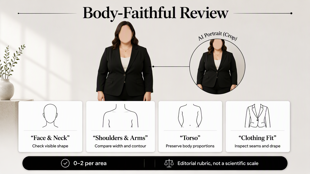 Infographic rubric for checking face, shoulders, torso proportions, and clothing fit in plus-size AI portraits