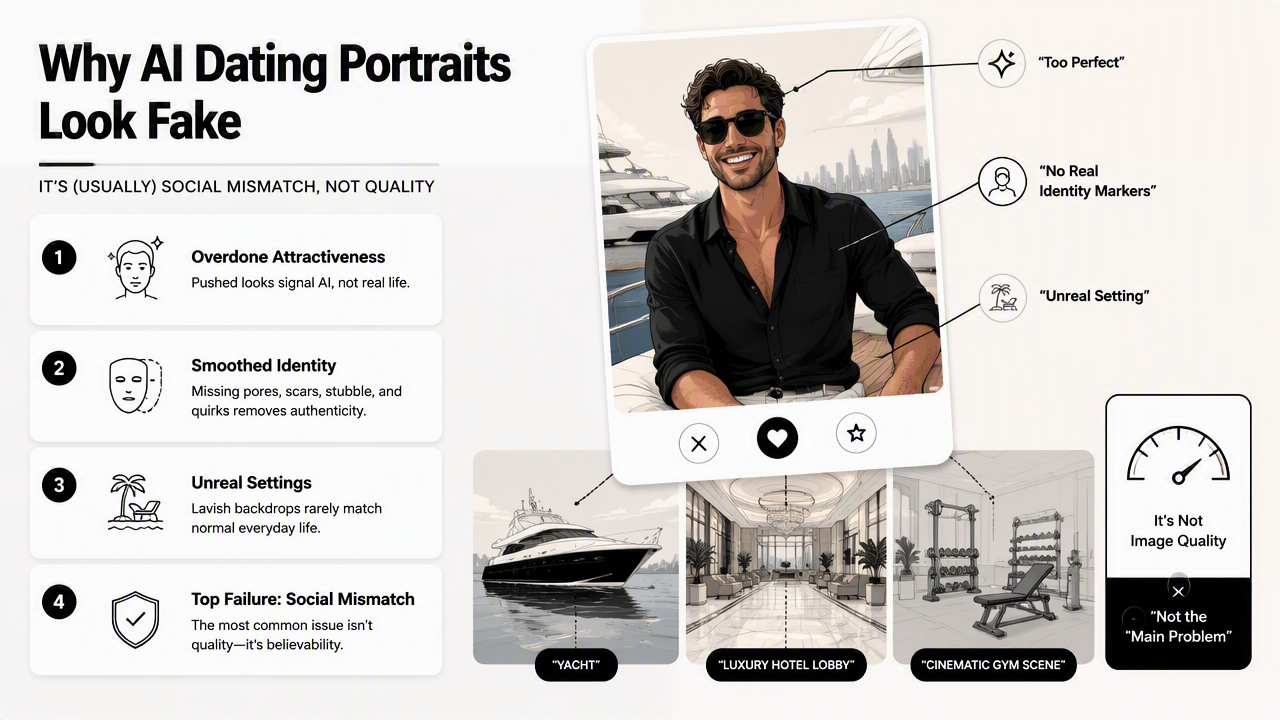 Illustration for What mistakes make AI dating portraits look fake?