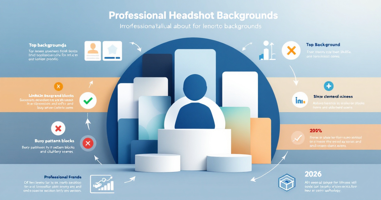Infographic illustration showing professional LinkedIn headshot background options with color swatches, ranking icons, and visual effectiveness indicators in indigo and neutral tones
