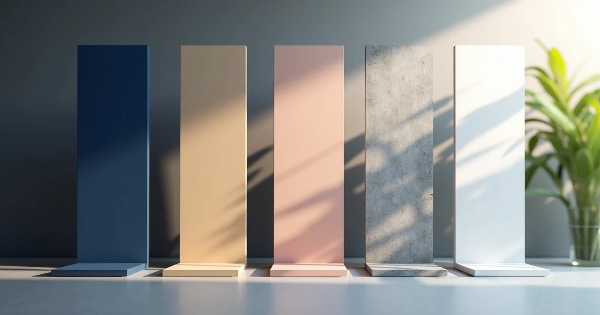 Seven professional LinkedIn headshot background color options displayed as elegant comparison swatches including navy blue gray and neutral tones