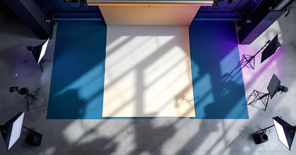 Professional photography studio with multiple colored backdrop options for LinkedIn headshots arranged showing navy gray and cream backgrounds