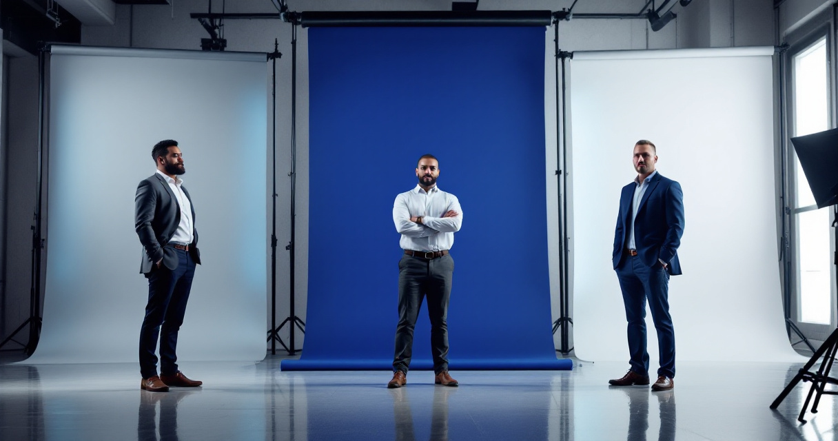 Professionals posing with different colored studio backgrounds including indigo to represent industry-specific LinkedIn headshot styles