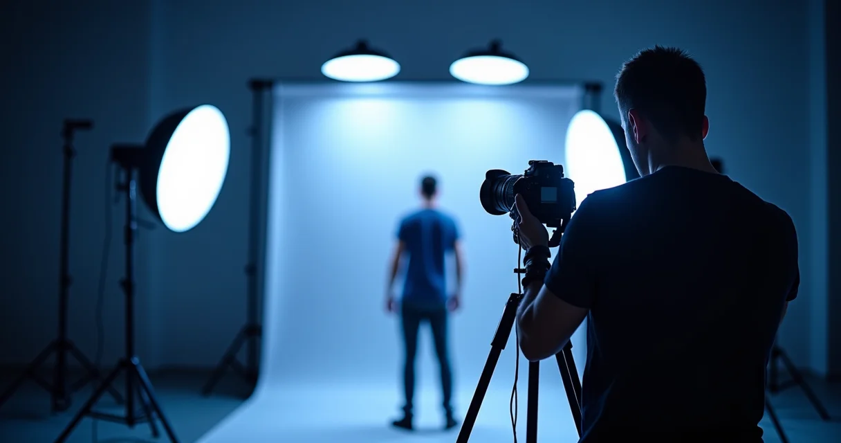 Professional photography studio lighting setup with ring light reflectors and camera equipment for headshot sessions