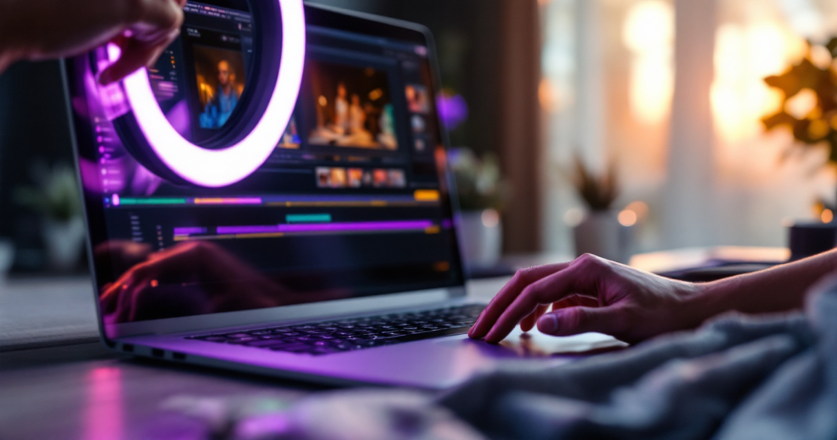 Hands adjusting ring light near laptop with photo editing software in modern home studio setup for professional headshots