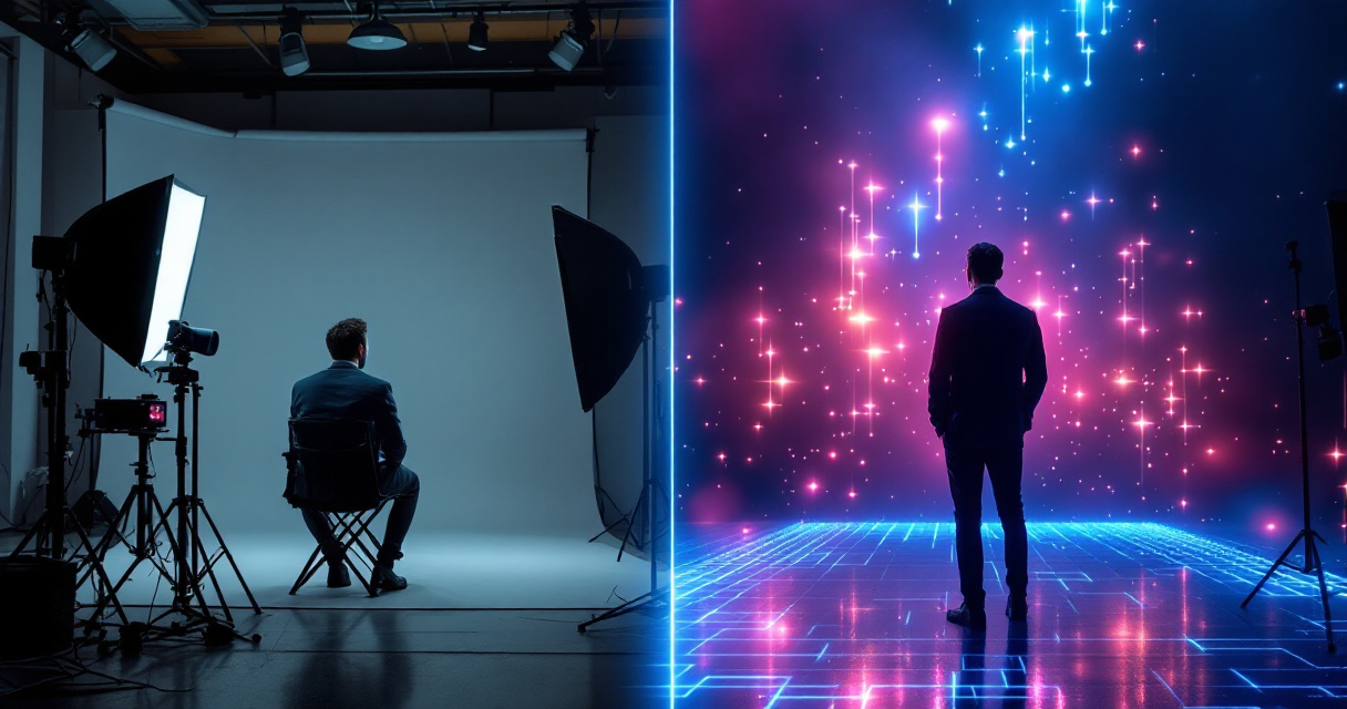 Conceptual comparison of traditional photo studio headshot and futuristic AI-generated background environment