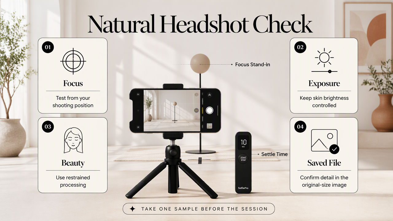 Headshot setup infographic showing focus, exposure, beauty processing, timer, and saved-file checks before a session.