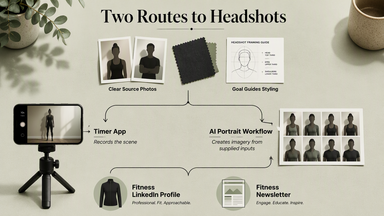 Diagram comparing timer-camera capture with an AI portrait workflow and fitness profile or newsletter goals.