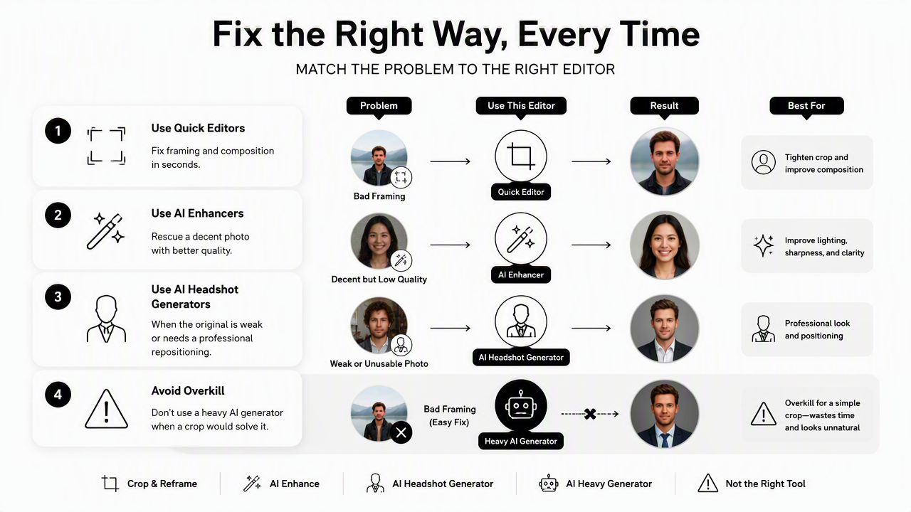 Illustration for Which editor type fits each profile-photo problem?