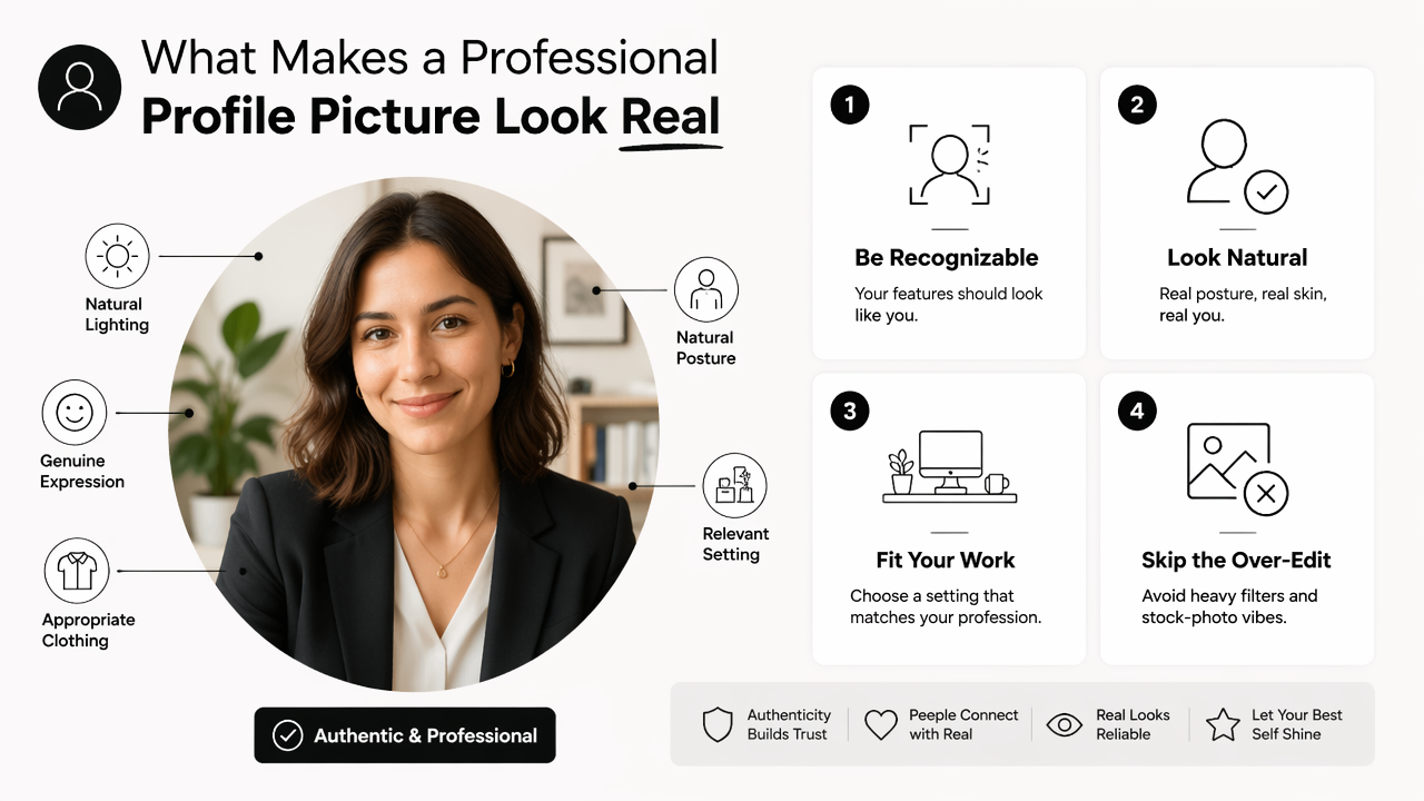 Illustration for What makes a profile picture look professional without feeling fake?