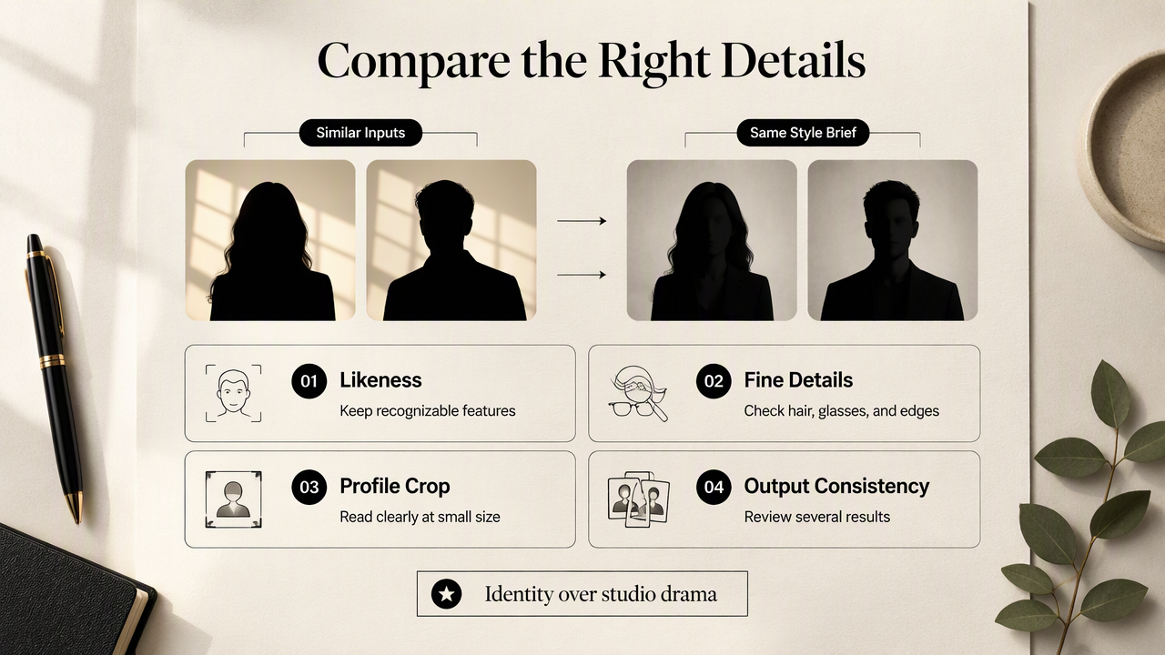 AI headshot comparison worksheet highlighting likeness, fine details, profile readability, and consistency across outputs.