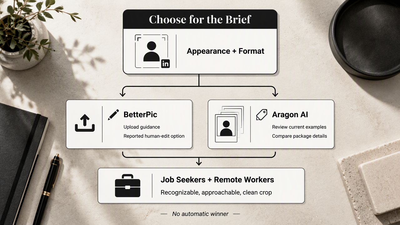 Headshot service decision diagram comparing BetterPic guidance with Aragon AI examples and package details.