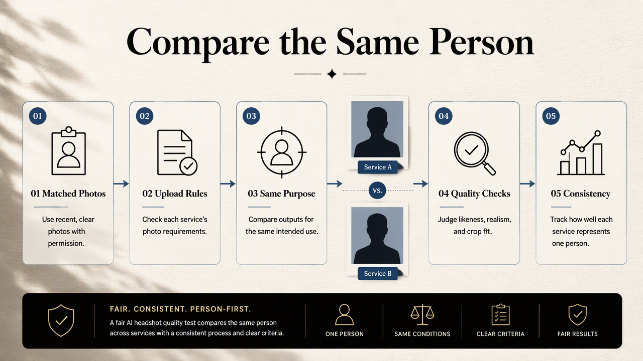 Five-step infographic for comparing AI headshot likeness, realism, crop suitability, and consistency fairly.