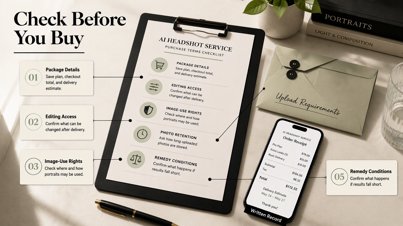 Annotated buyer checklist covering headshot package details, editing access, image rights, retention, and remedies.