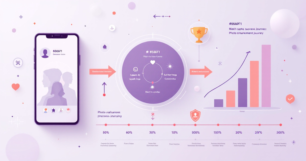 Infographic showing dating app photo AI enhancement workflow with smartphone, verification icons, success charts, and timeline elements in purple and coral color scheme