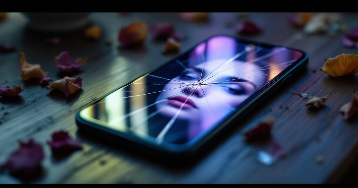 Cracked smartphone showing blurred artificial face representing failed AI dating photo attempts