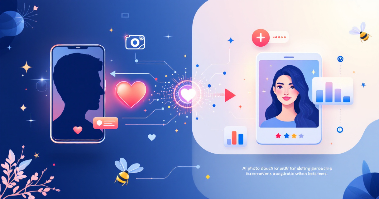 Infographic showing AI photo transformation process from basic profile picture to optimized dating app photo with visual icons representing matching success