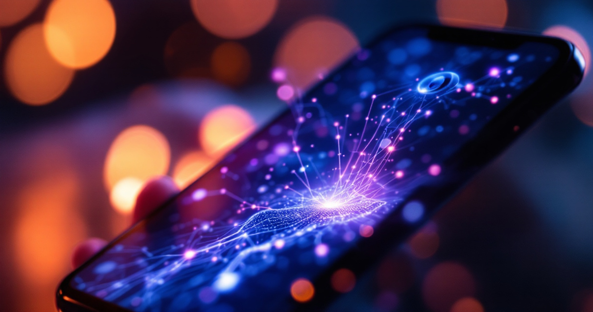 AI neural network processing camera data into profile photo visualization on smartphone screen