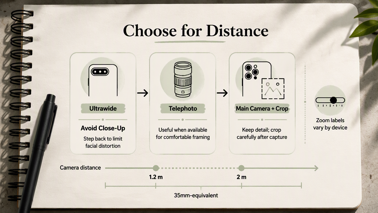 Infographic comparing phone ultrawide, telephoto, and cropped main-camera options for AI headshot source photos.