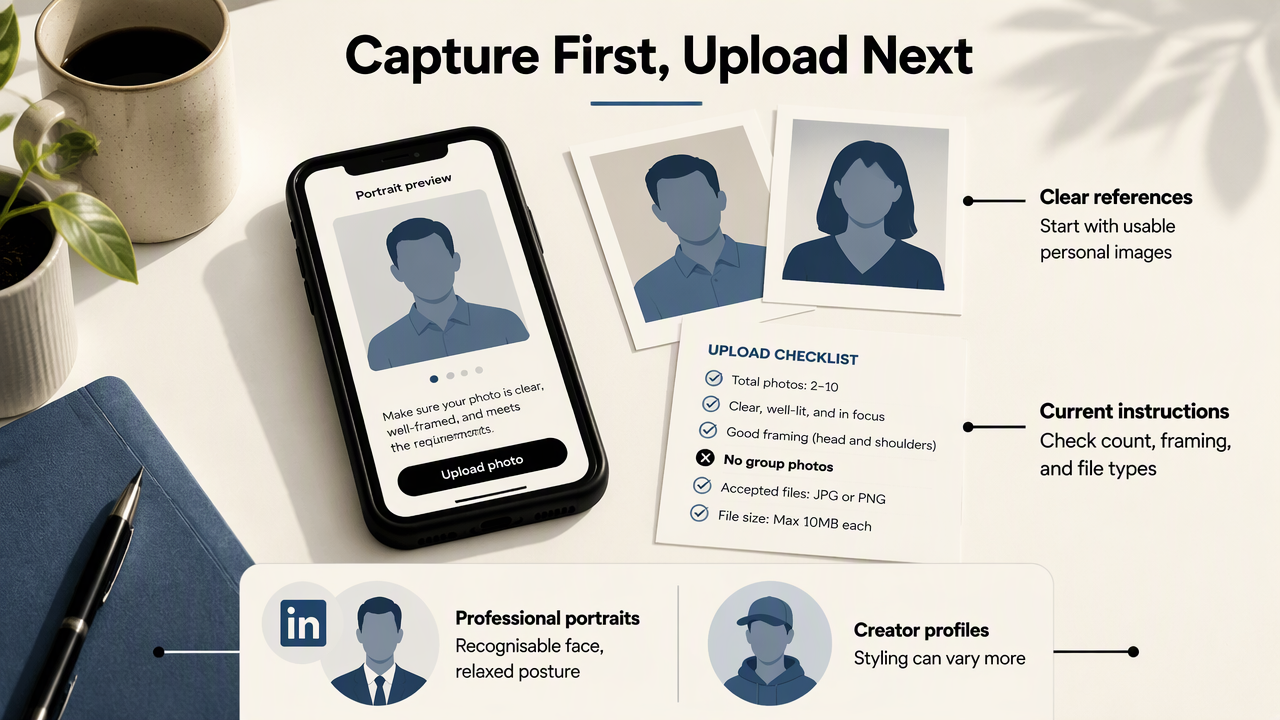 Annotated desk scene showing reference-photo capture, upload checks, and profile-specific portrait choices.