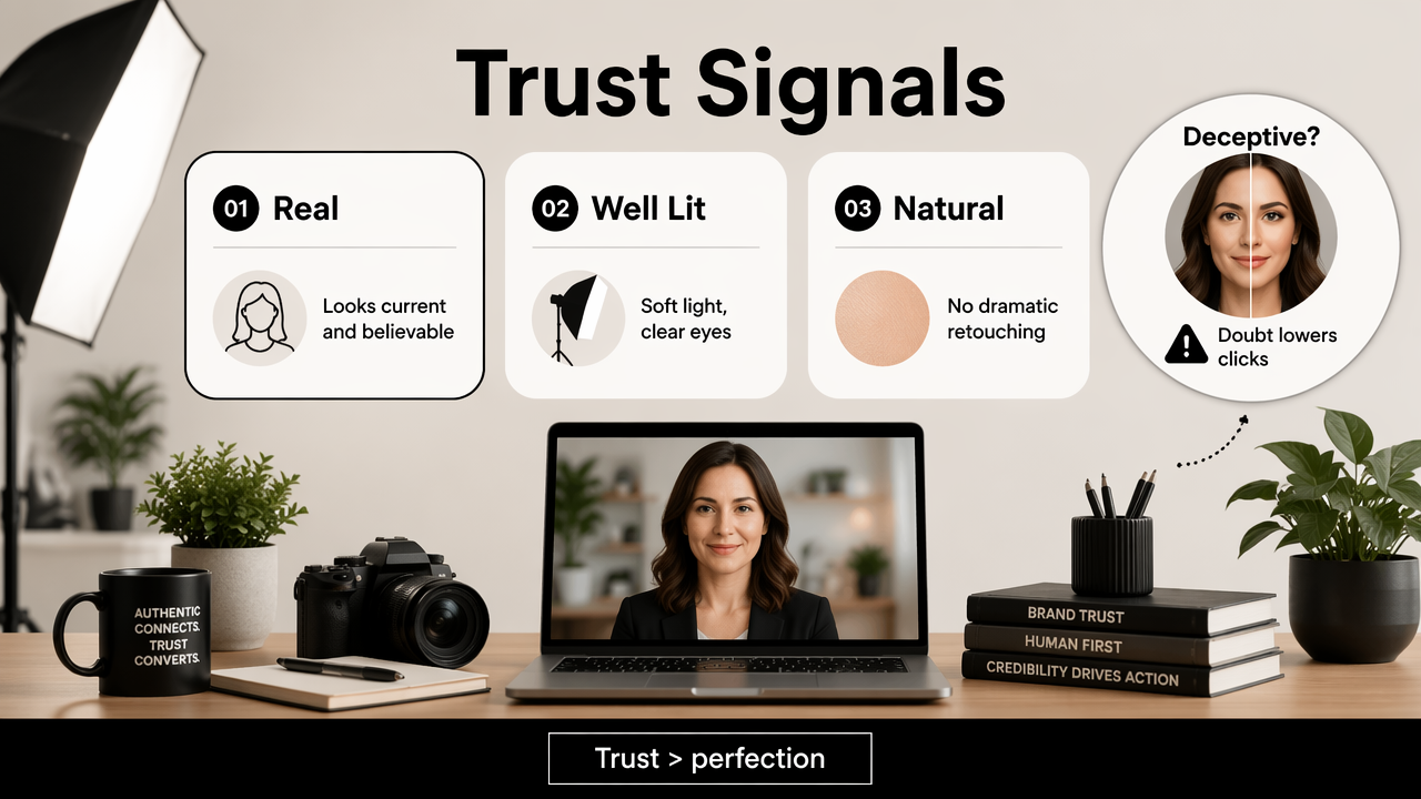 Infographic showing trust signals that make an AI headshot feel believable and professional.