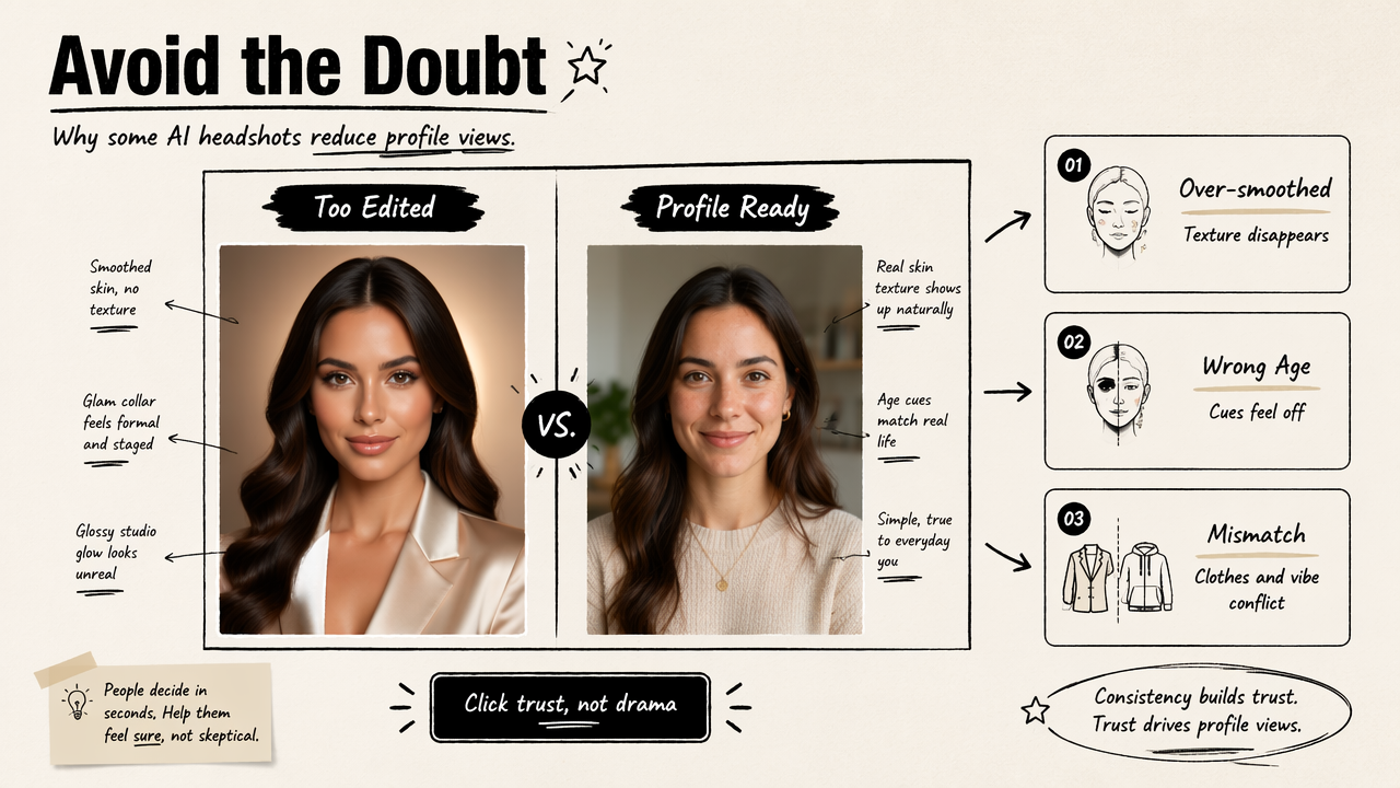 Annotated comparison of AI headshot mistakes that can lower profile views.