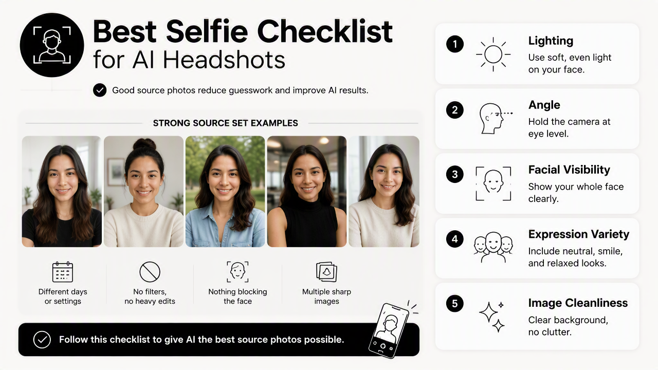 Illustration for What selfie quality checklist produces the best AI headshots?
