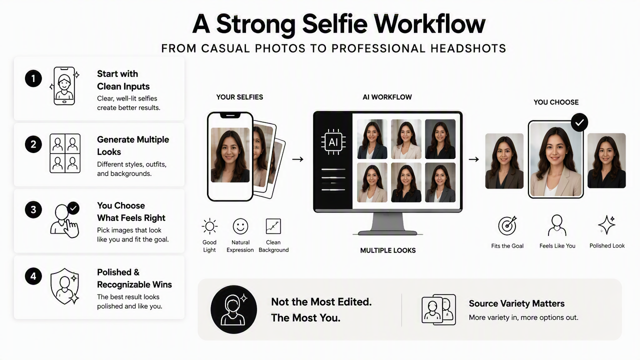 Illustration for How Looktara handles selfie-based AI headshots