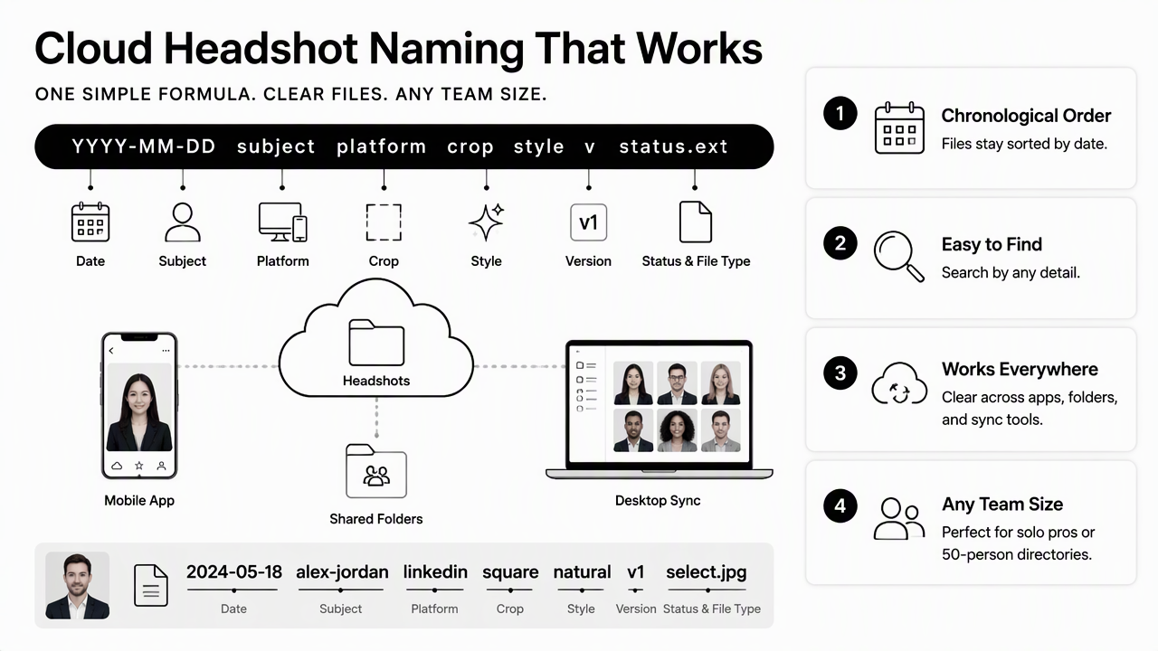 Illustration for Use this naming formula for cloud headshot libraries