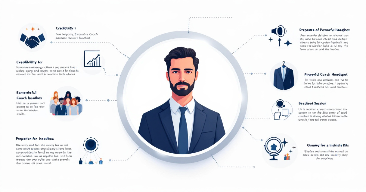 Modern infographic showing how a professional coach headshot builds authority, preparation steps, AI-powered brand expansion, and executive headshot trends.