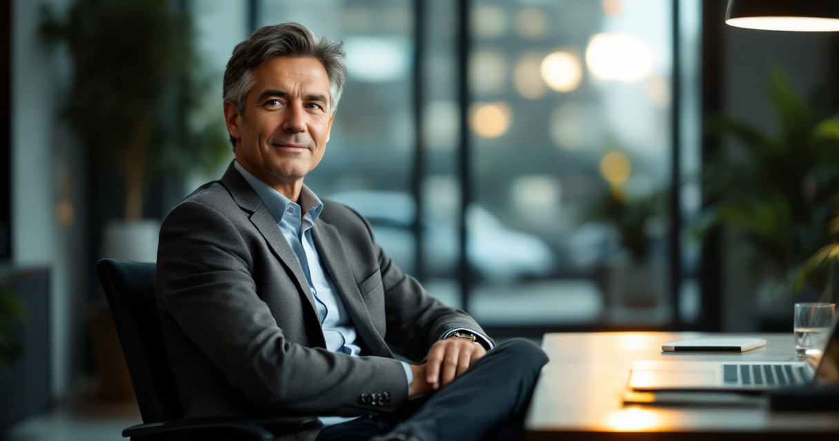 Confident executive coach portrait in cinematic studio lighting with subtle indigo brand accent