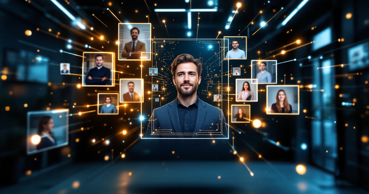 Single professional headshot expanding into multiple AI-generated brand portraits with glowing indigo accents