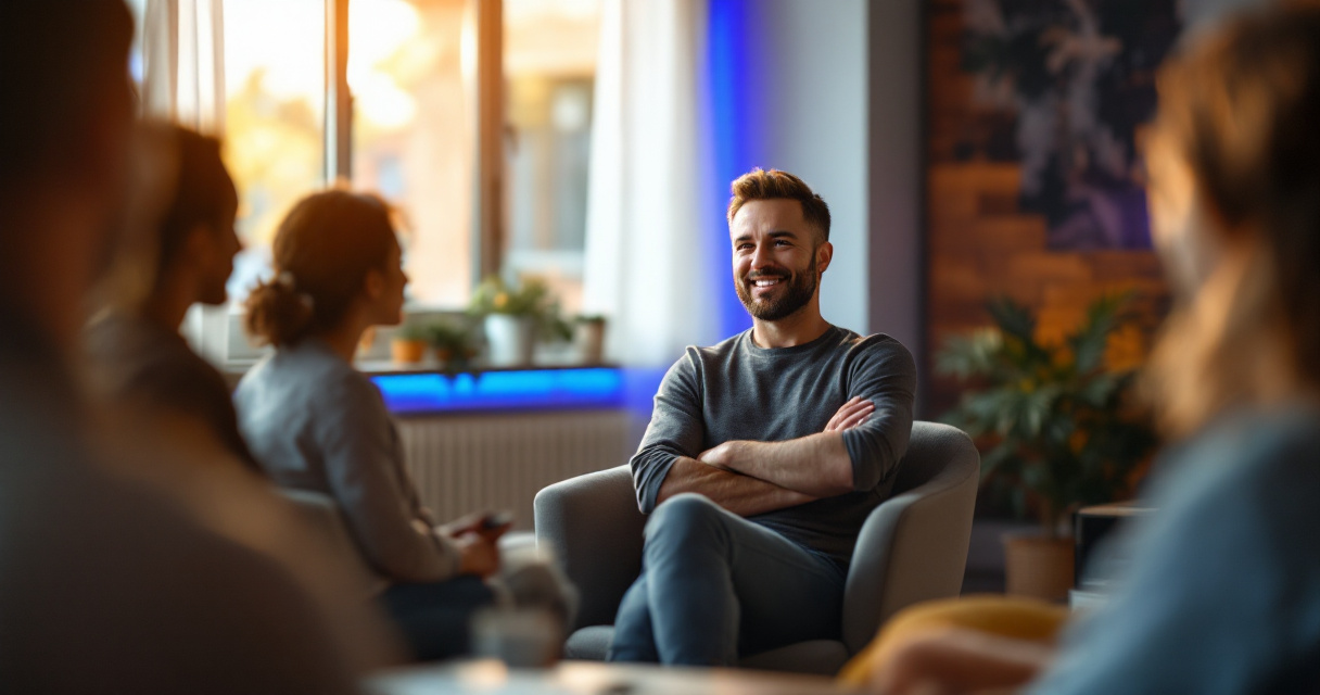 Coach portrait with warm lighting creating trust and emotional connection with observing clients
