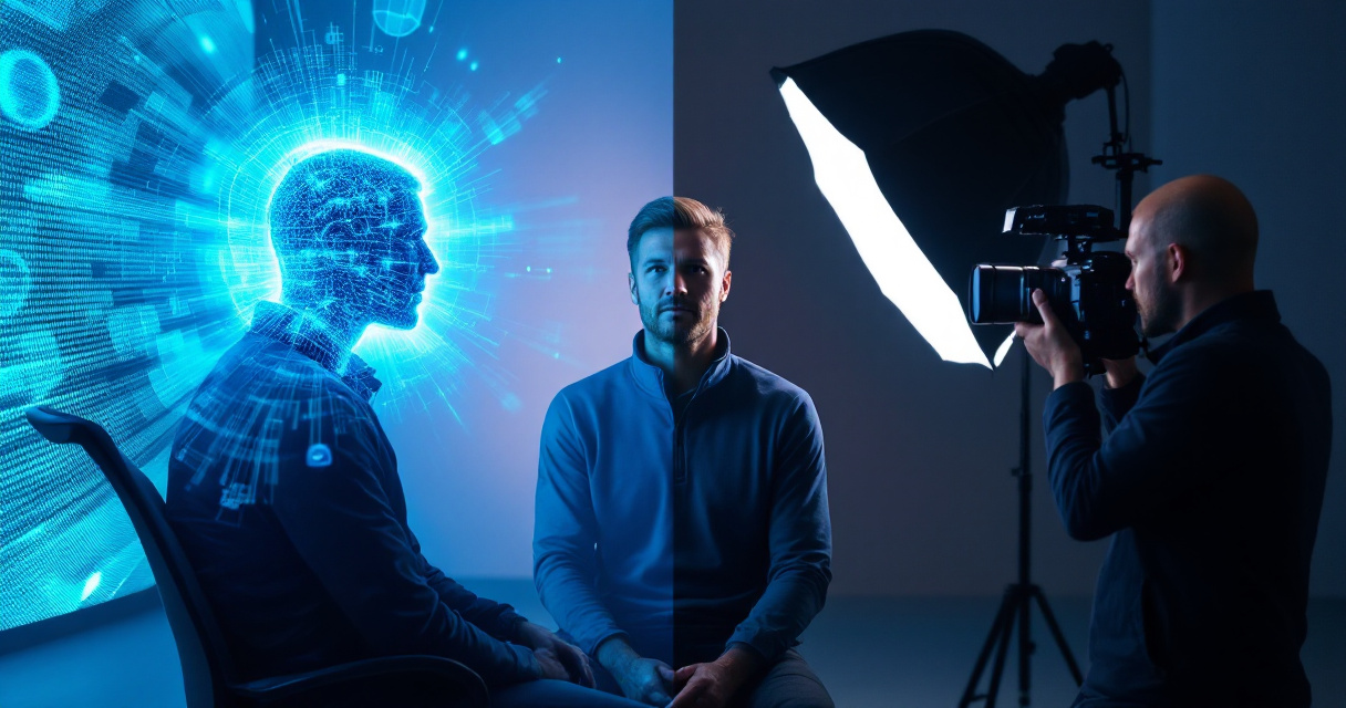 Coach portrait being captured by both AI scanning technology and traditional studio photography